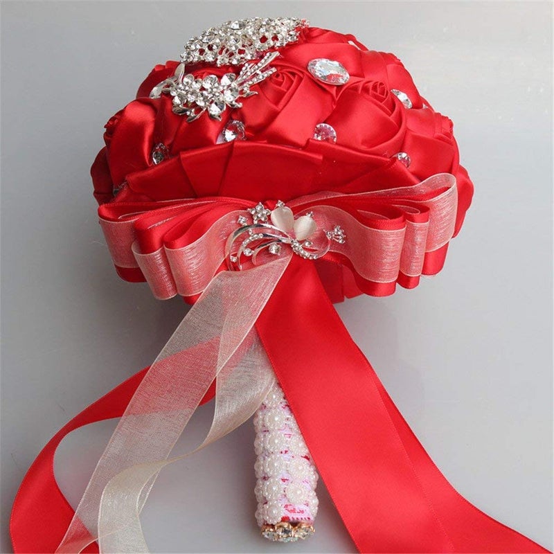 Flonding Wedding Bouquets Crystal Satin Rose Bride Bridal Bouquet Romantic Bridesmaid Holding Flower for Valentine's Day Confession Party Church Decor (Red) - Image 4